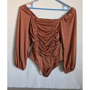 B.O.G Collective Woman Long Sleeve Bodysuit Smocked Rushed Rusty Brown Sz M